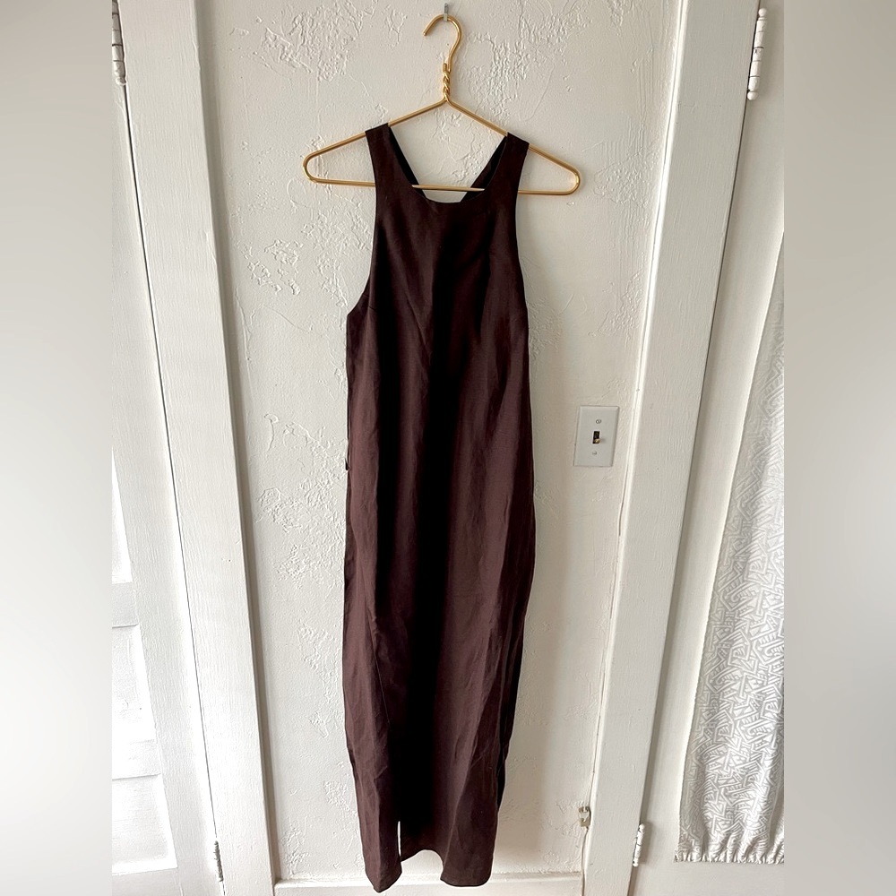 Massimo Dutti Chocolate Brown Linen Maxi Dress with Slit